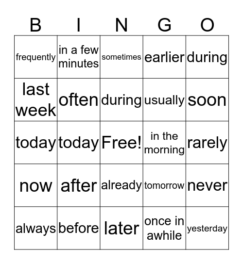ADVERBS OF TIME Bingo Card