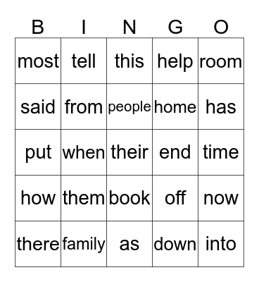 Sight Word Bingo Card