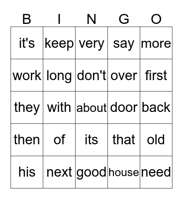 Sight Word Bingo Card