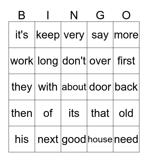 Sight Word Bingo Card