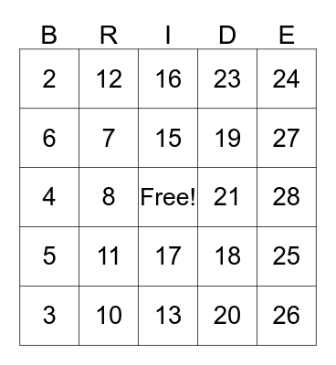 Bridal Bingo Card