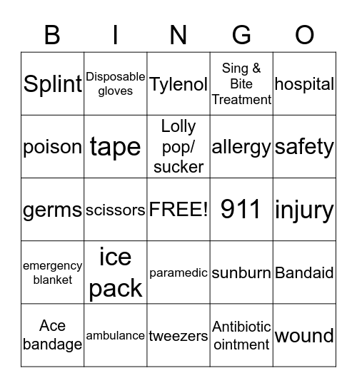 First Aid Bingo Card