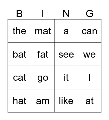 Sight Word Bingo Card