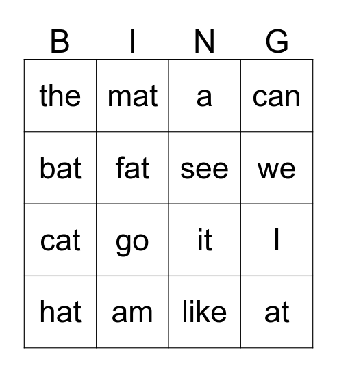 Sight Word Bingo Card