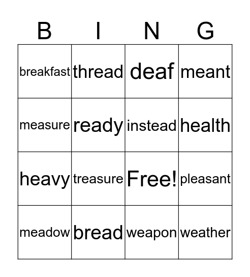 "ea" as in "bread" Bingo Card