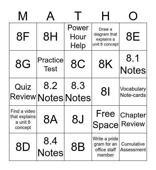 Geometry Unit 8 - Similarity Bingo Card