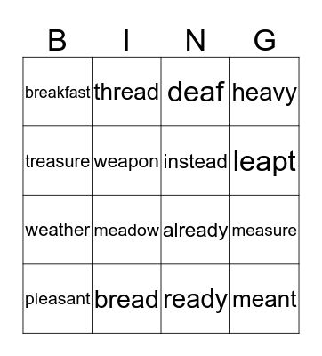"ea" as in "bread" Bingo Card