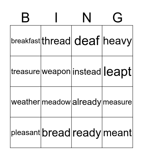 "ea" as in "bread" Bingo Card