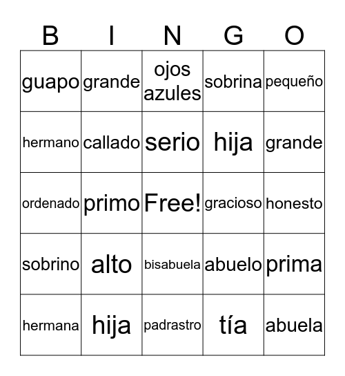 Family-Adjective Bingo Card