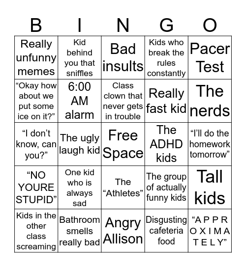Public School Bingo Card