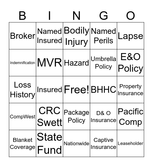 We Love Insurance Bingo Card