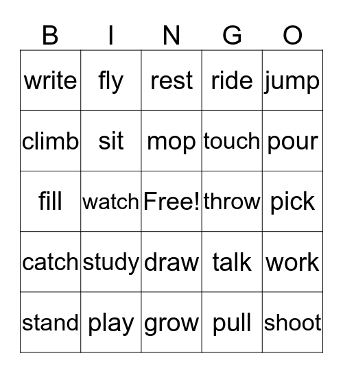 Action Words  Bingo Card