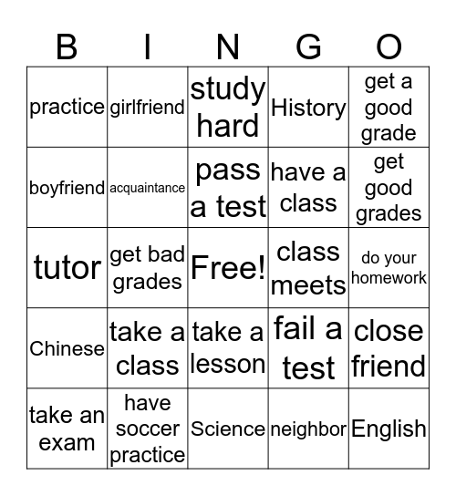 Bingo With Classes Bingo Card