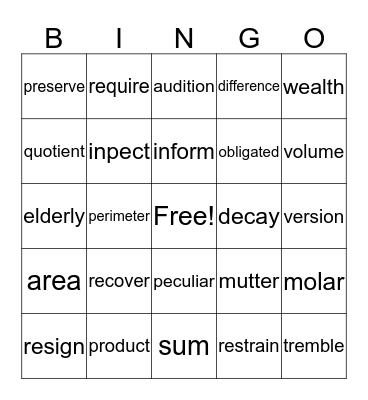 Vocabulary Bingo Card