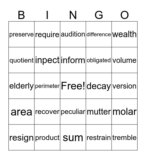 Vocabulary Bingo Card