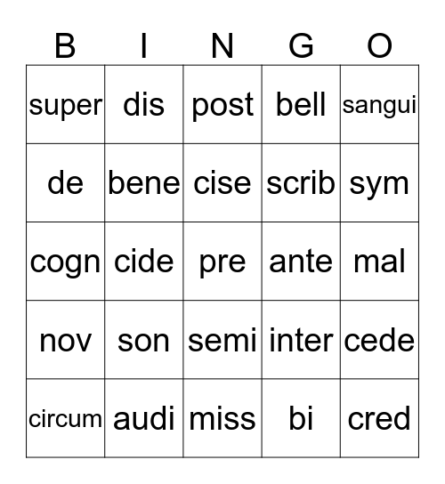 Caesar's English Bingo Card