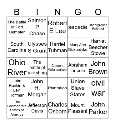 Ohio and the Civil War Bingo Card