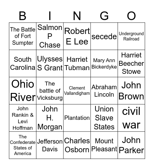 Ohio and the Civil War Bingo Card