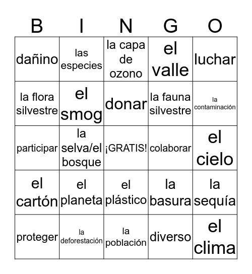 Vobulario de medio ambiente Bingo Card
