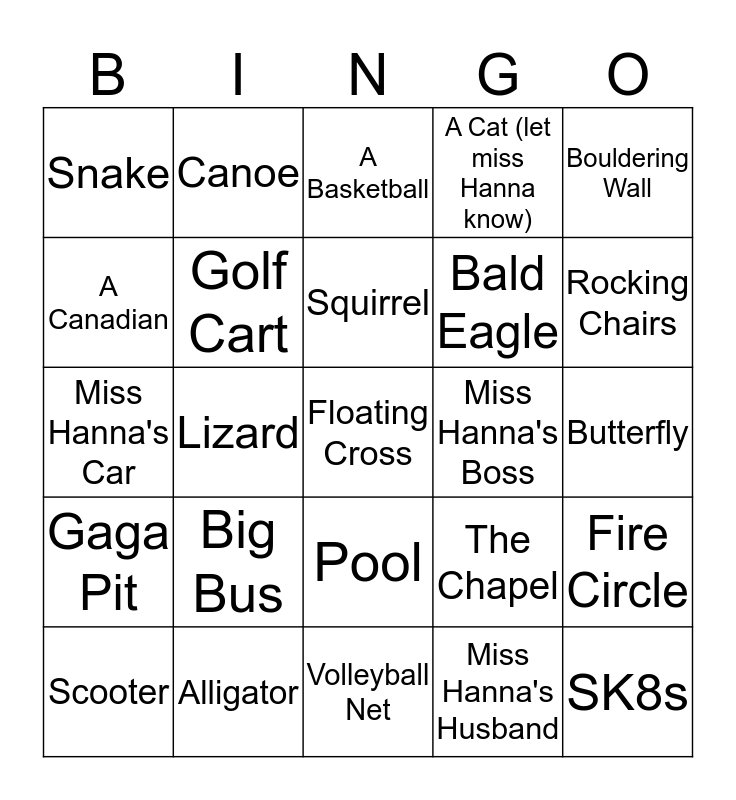 Camp Bingo Card