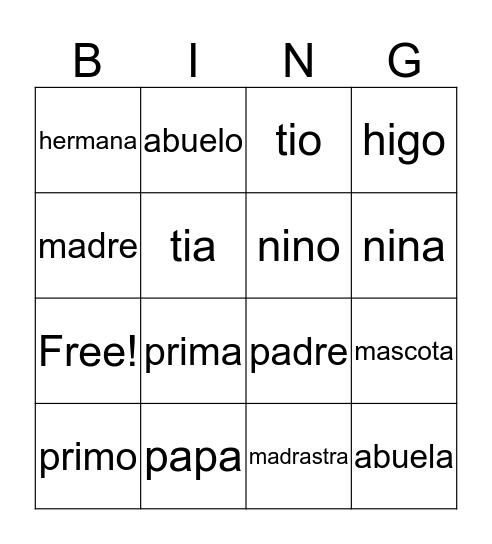 La Familia Bingo Card