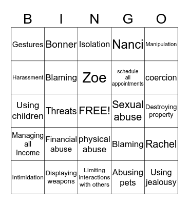 Domestic Violence Bingo Card