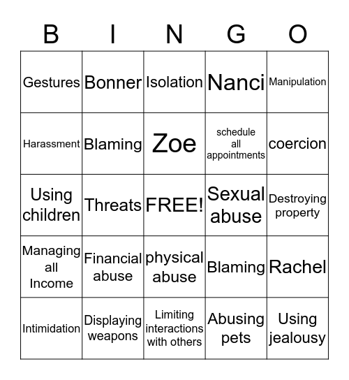 Domestic Violence Bingo Card