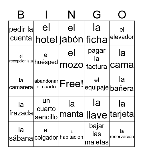 Español 3, capítulo 6 "En el Hotel" Bingo Card