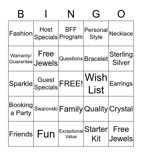 BLINGO (Bingo with Jewels as Prizes!) Bingo Card