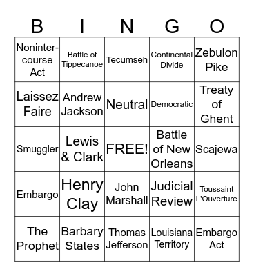 US History Chapter 10-Jefferson Era Bingo Card