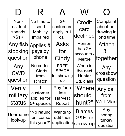 Only one square per customer - Choose wisely Bingo Card