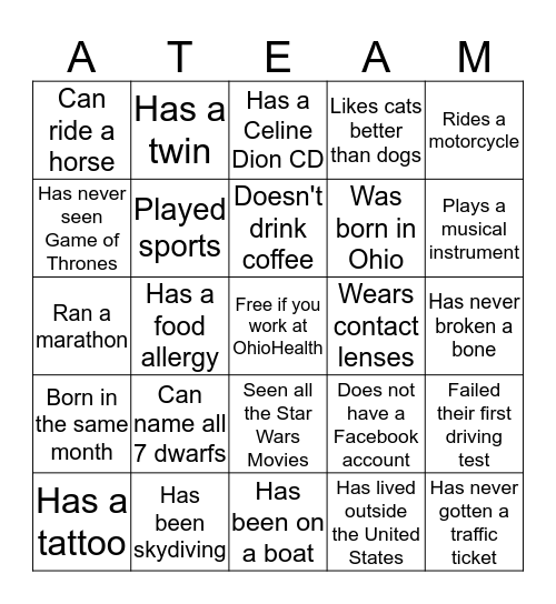 Get to know Your Team Bingo Card