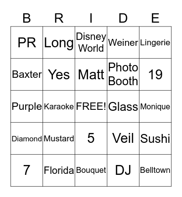 Amanda's Bridal Bingo Card