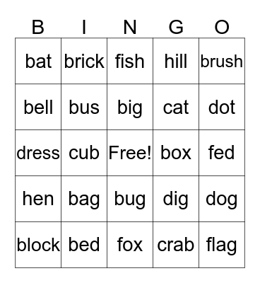 Short Vowel Sound Bingo Card