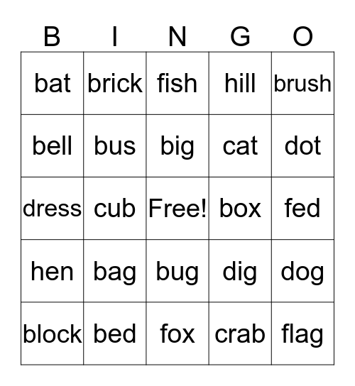 Short Vowel Sound Bingo Card
