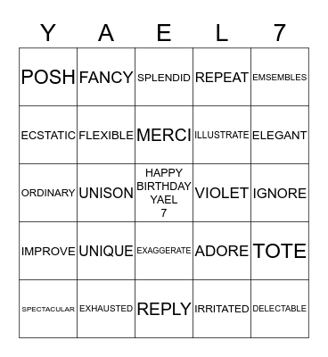 YAEL'S BIRTHDAY BINGO! Bingo Card