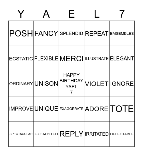 YAEL'S BIRTHDAY BINGO! Bingo Card
