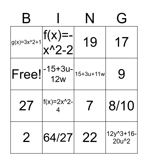 Algebra review Bingo Card