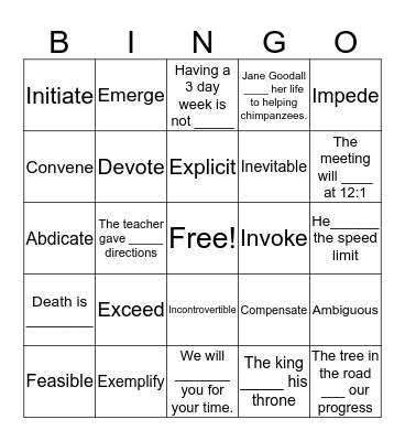 English 9 Vocabulary Review Bingo Card