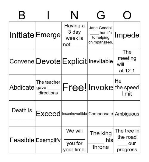 English 9 Vocabulary Review Bingo Card