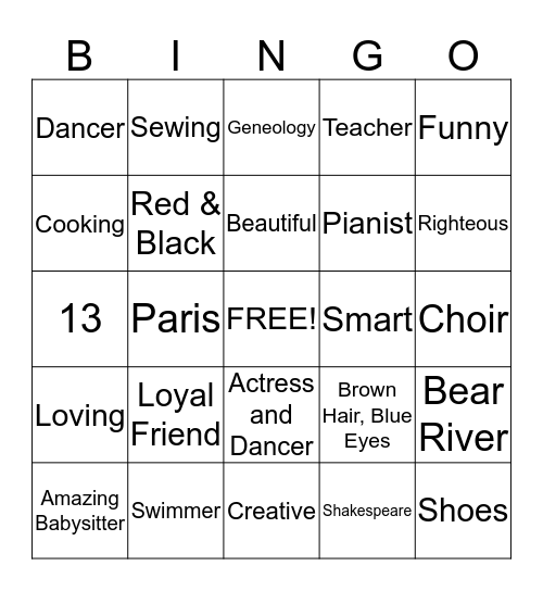 Bailey Bingo Card