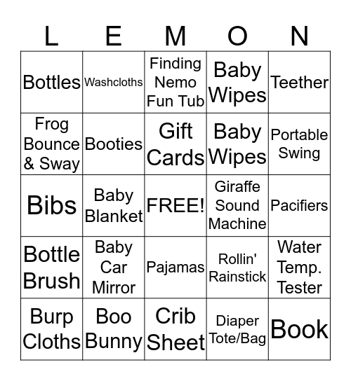 Baby Shower Bingo Card