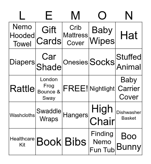 Baby Shower Bingo Card