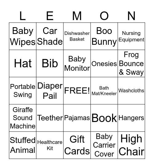 Baby Shower Bingo Card