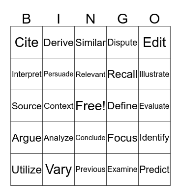 ELA Vocabulary Bingo Card