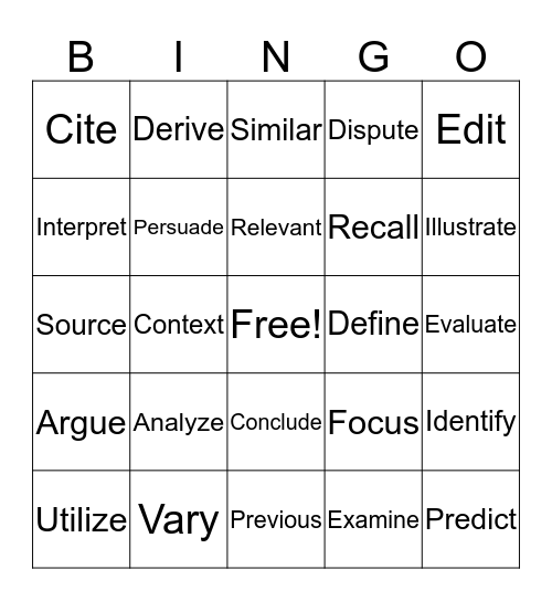 ELA Vocabulary Bingo Card