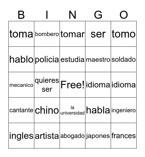 spanish bingo Card