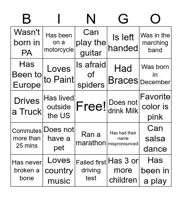 ICE BREAKER GAME Bingo Card