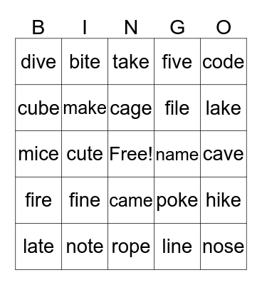 Silent e Bingo Card