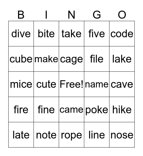 Silent e Bingo Card
